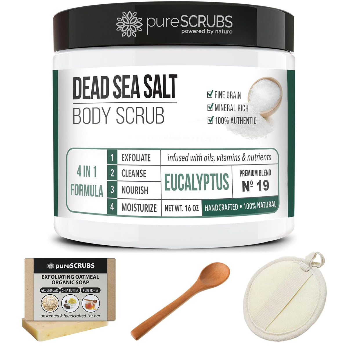 pureSCRUBS Eucalyptus Body Scrub set with eucalyptus leaves