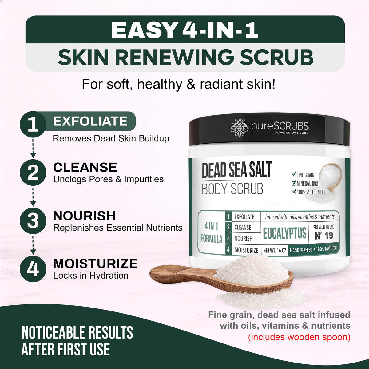 pureSCRUBS Eucalyptus Body Scrub wooden spoon included in the set