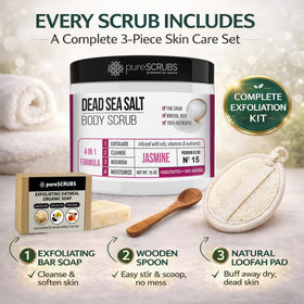 pureSCRUBS Jasmine Body Scrub Set with ingredients list