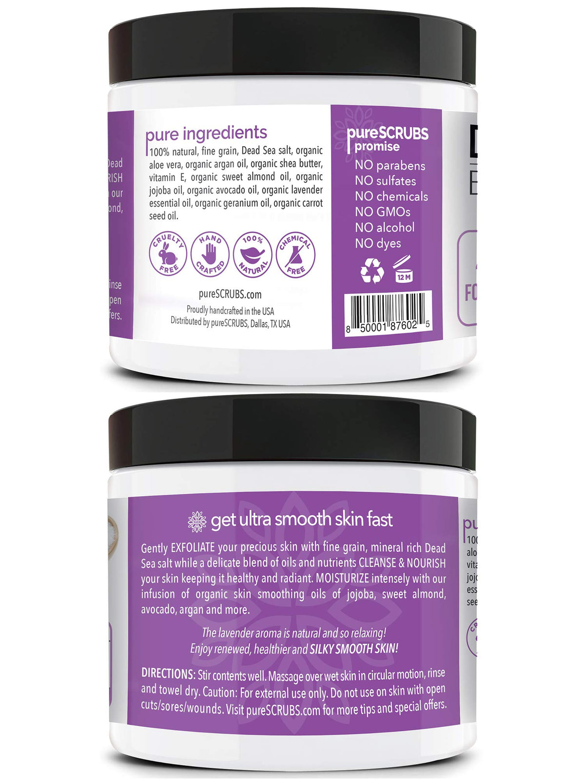 pureSCRUBS Lavender Body Scrub Set displayed with lavender flowers