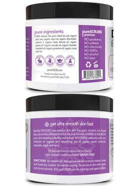 pureSCRUBS Lavender Body Scrub Set displayed with lavender flowers