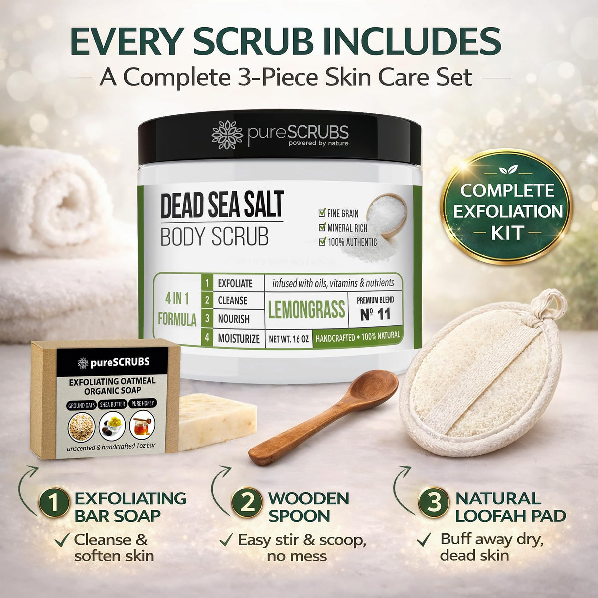 pureSCRUBS Lemongrass Body Scrub with oatmeal bar soap
