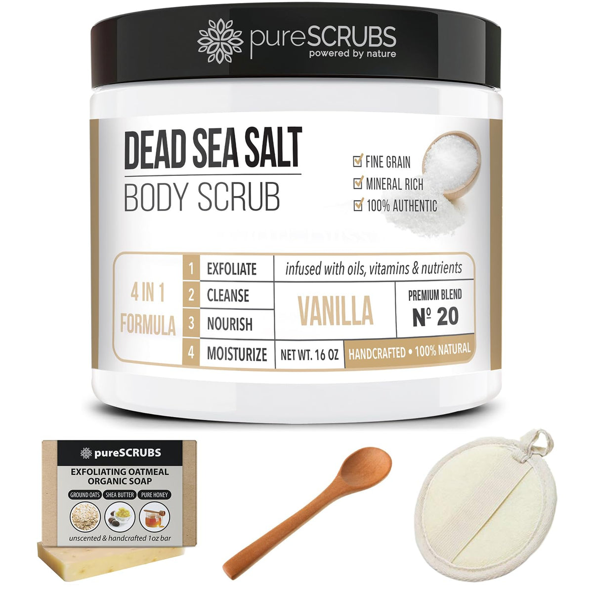 pureSCRUBS Vanilla Body Scrub lifestyle scene with loofah