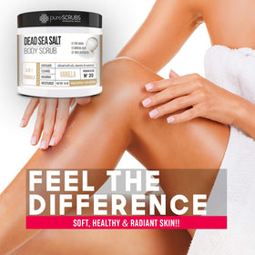 pureSCRUBS Vanilla Body Scrub with wooden spoon and loofah
