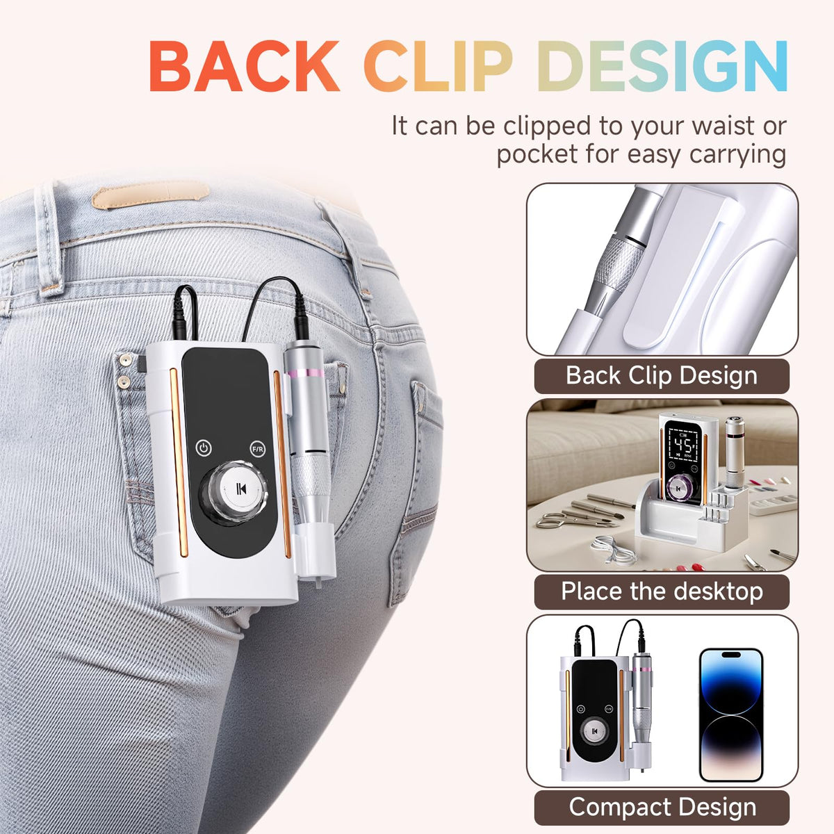 Puriom Nail Drill side view with ergonomic design