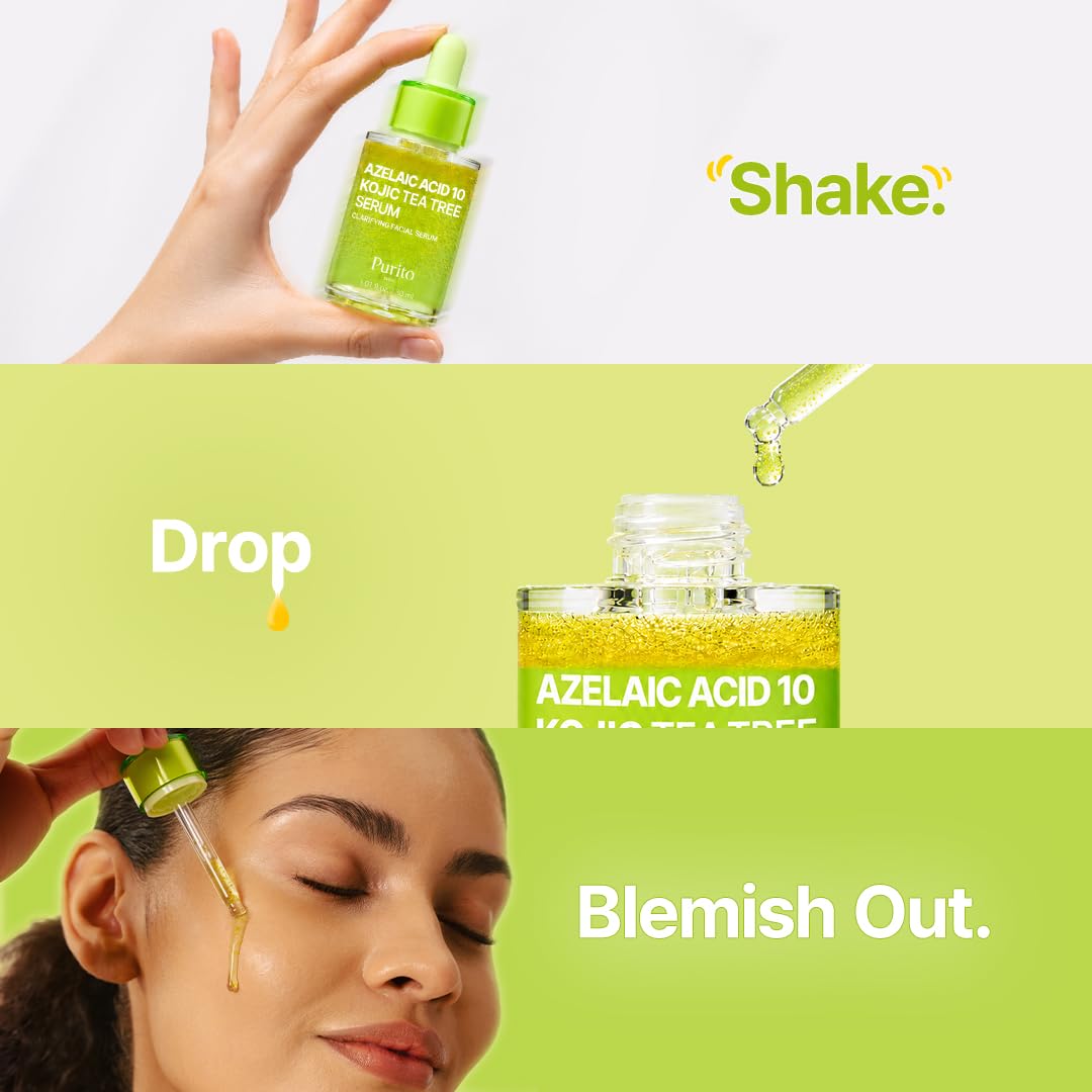 PURITO Azelaic 10% Kojic Serum on a bathroom counter