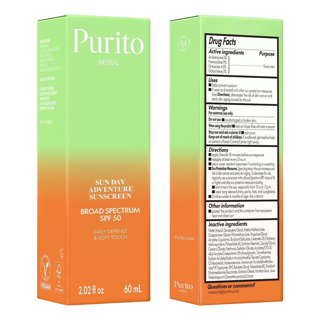 PURITO Korean Sunscreen SPF 50 with natural ingredients displayed