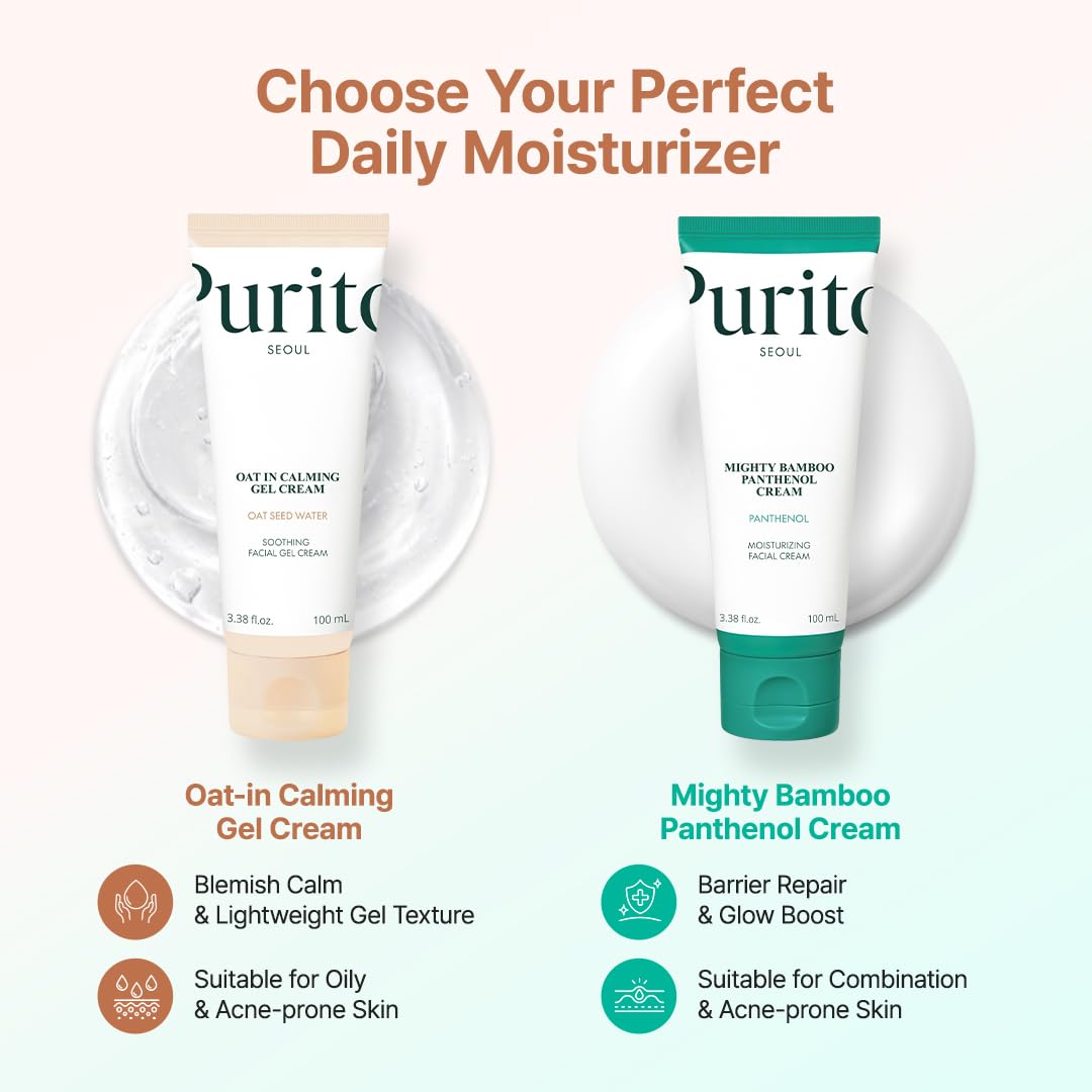PURITO Oat Calming Gel Cream with a pea-sized amount on fingertip
