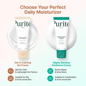 PURITO Oat Calming Gel Cream with a pea-sized amount on fingertip