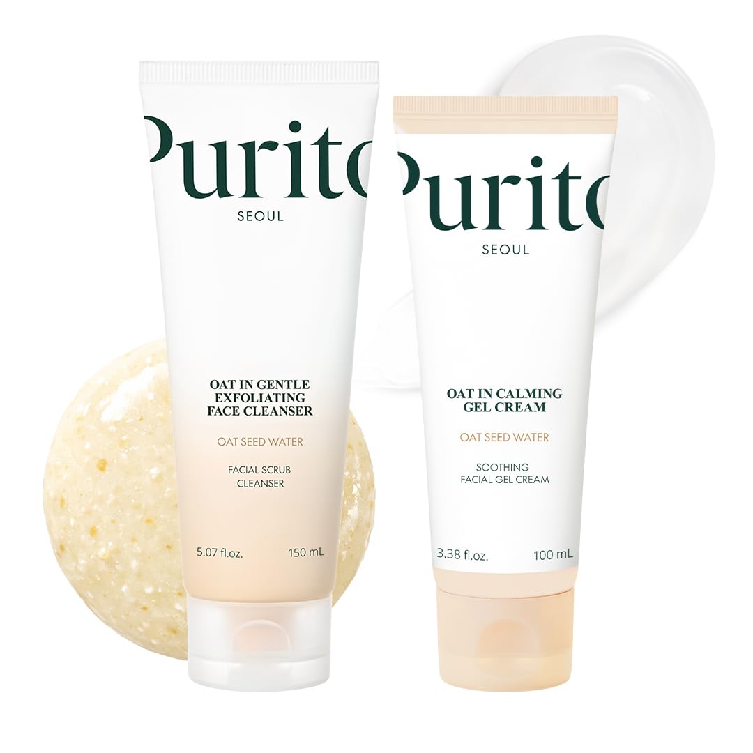 PURITO Oat Velvet Duo Set front view with calming gel cream and exfoliating facial polish