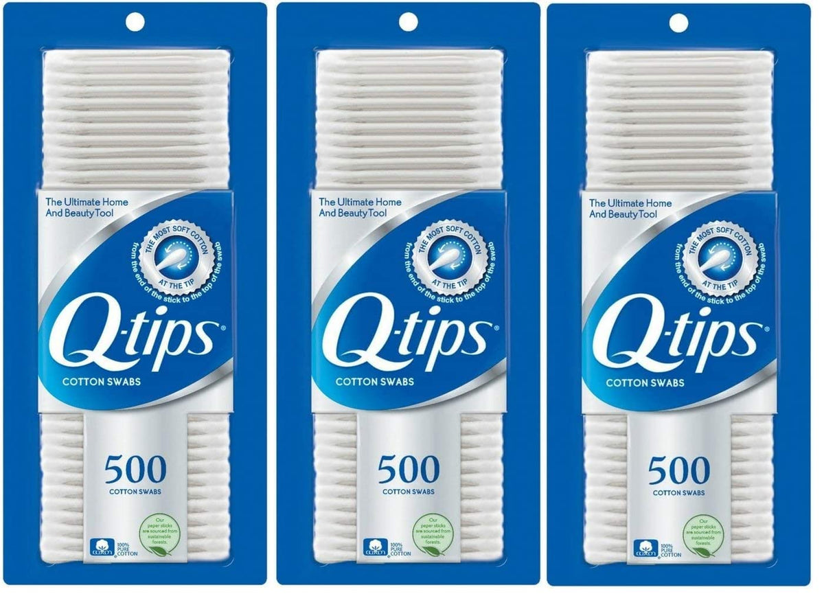 Q-tips Cotton Swabs Pack of 3 front view with 500 count