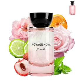 QAWAFI Voyage Nova Eau de Parfum bottle with floral background