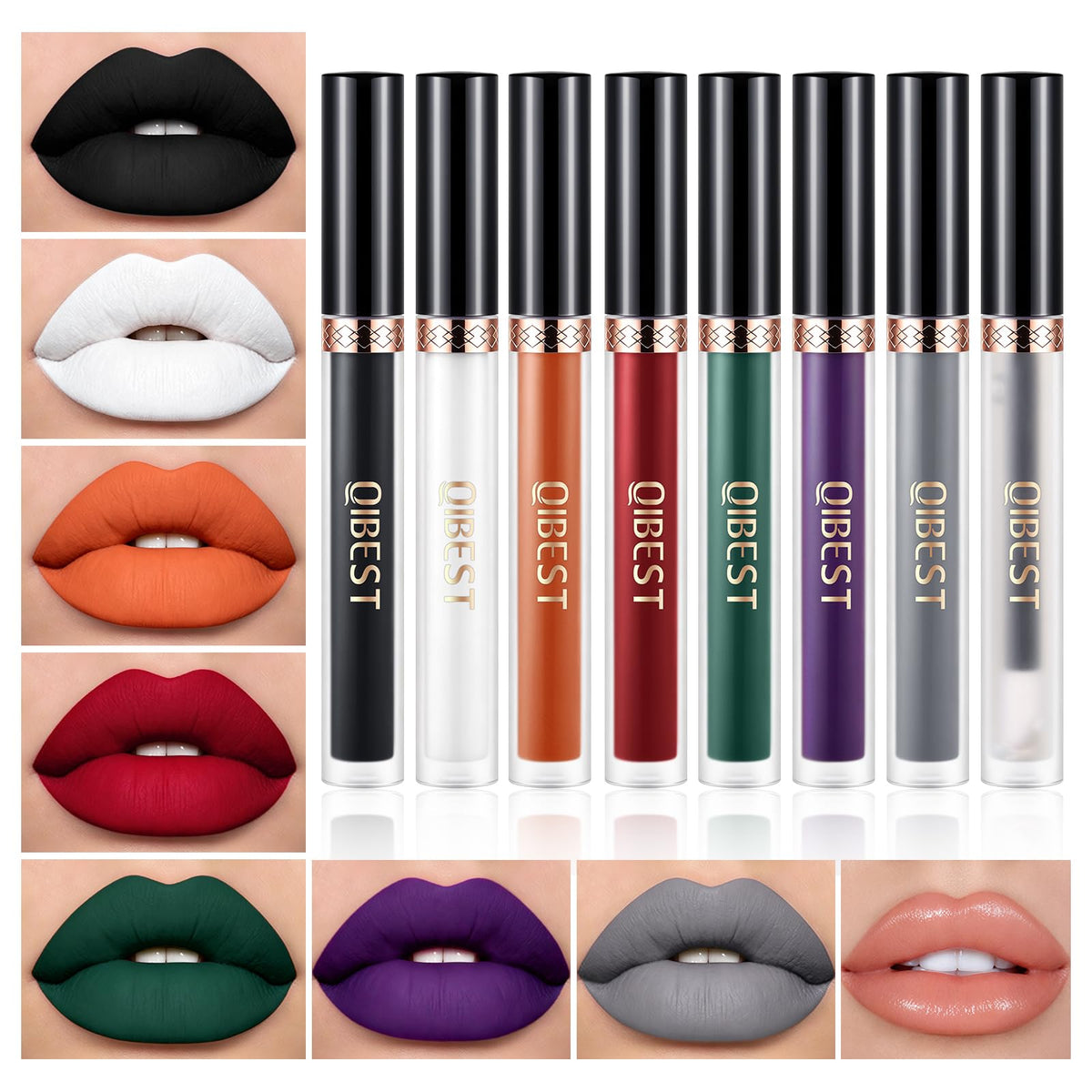 QiBest 8Pcs Goth Halloween Liquid Lipstick Set front view