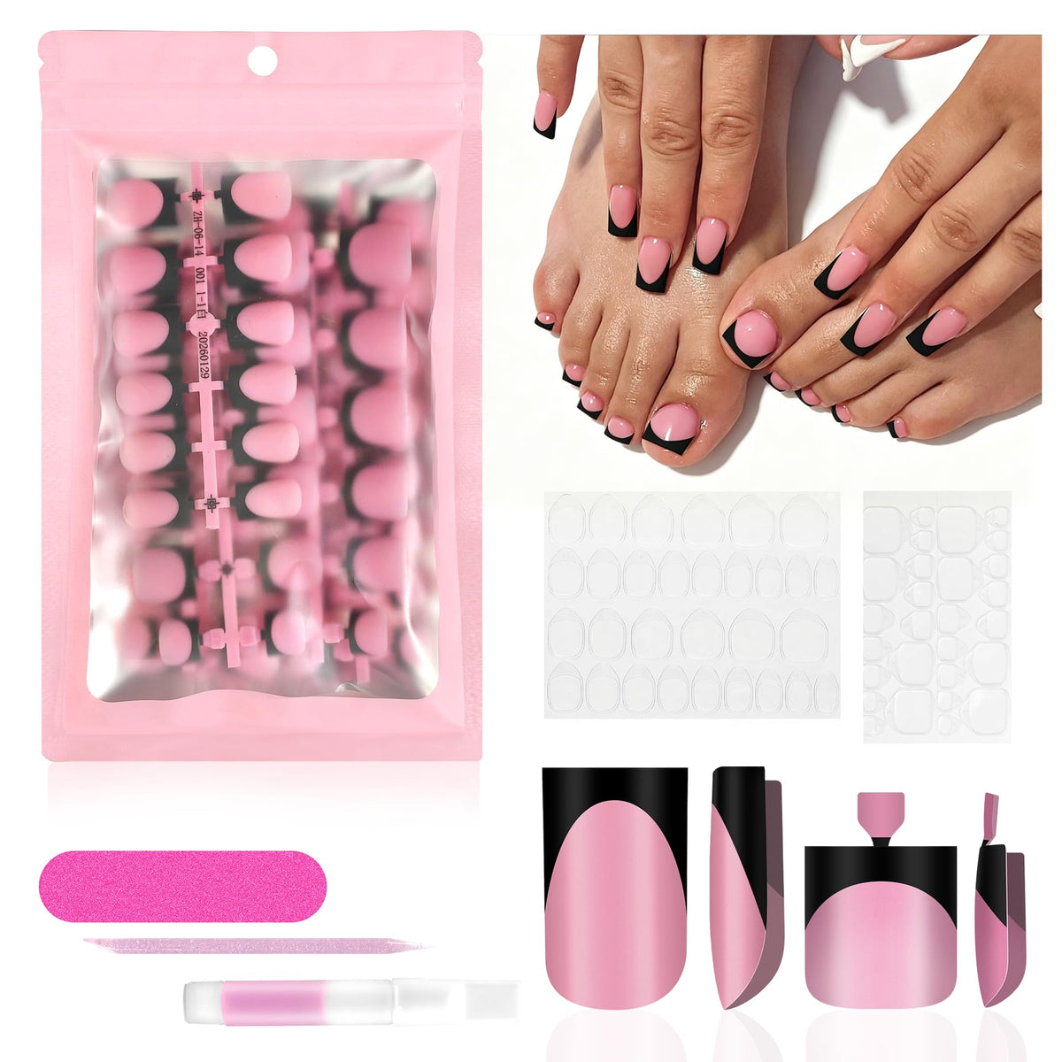 QIEK 60-Piece Press On Nails Set with French tips front view