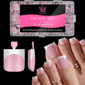 QIEK Baby Pink French Tip Press On Toenails 150 pcs package front view