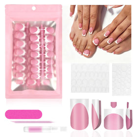 QIEK Deep Pink French Tip Press On Nails Set front view