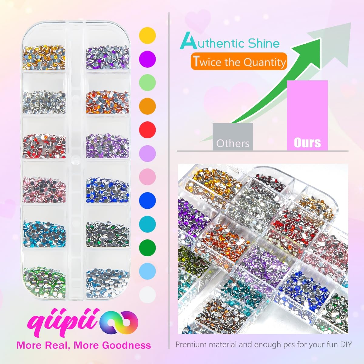 qiipii 24 Colour Small Crystal Rhinestones arranged in a box