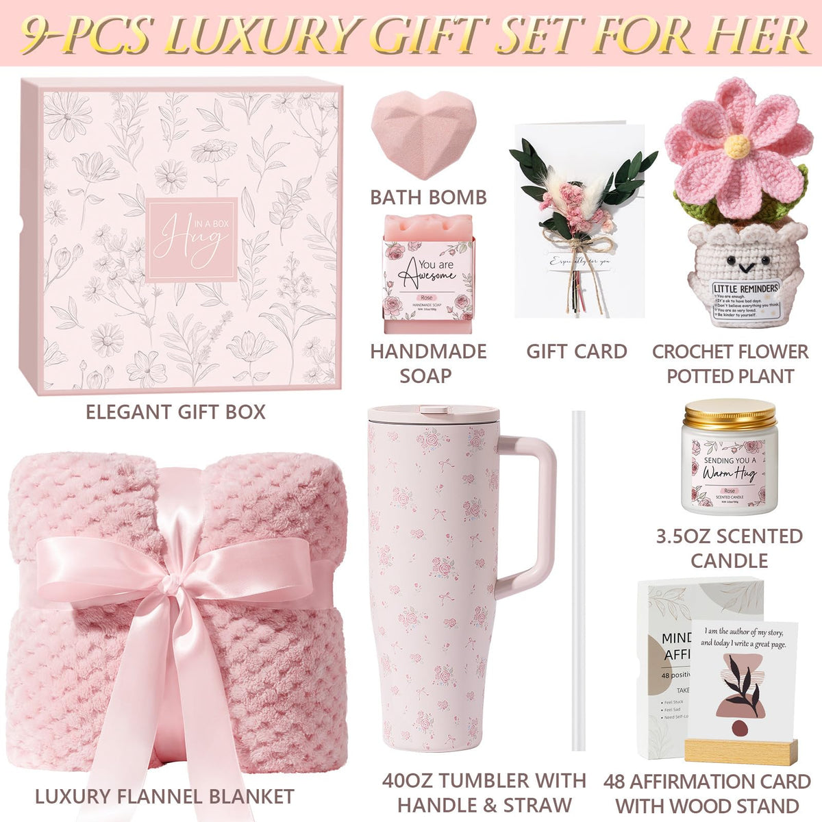 Qinline Comfort Gift Basket contents including affirmation cards and handmade soap