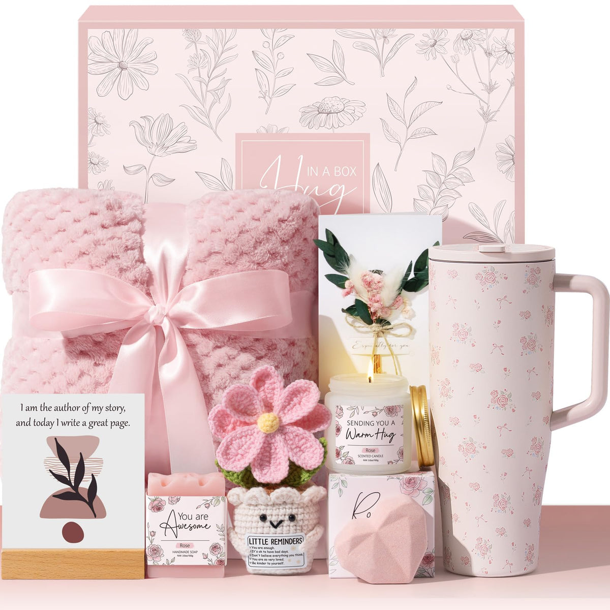 Qinline Comfort Gift Basket front view with flannel blanket and tumbler