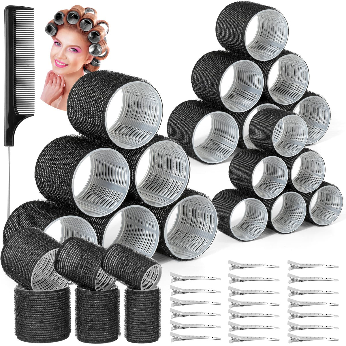 Qinzave 39PCS Self Grip Curlers Set with black hair rollers and clips