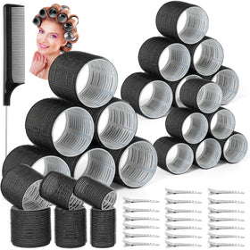 Qinzave 39PCS Self Grip Curlers Set with black hair rollers and clips