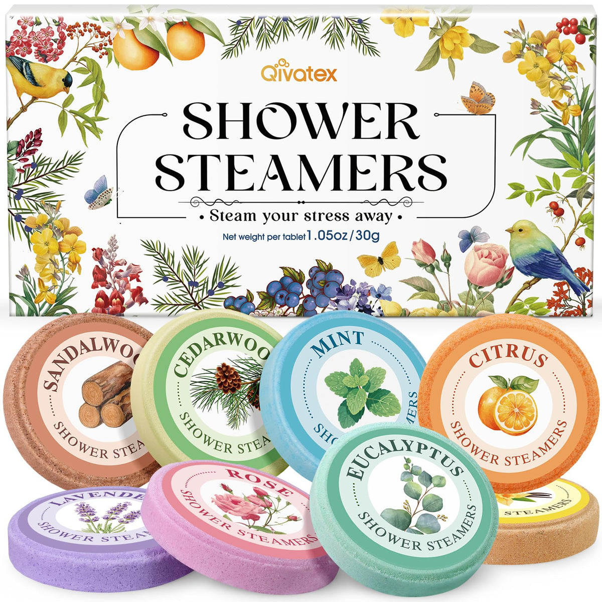 Qivatex Shower Steamers Aromatherapy Gift Set packaging front view