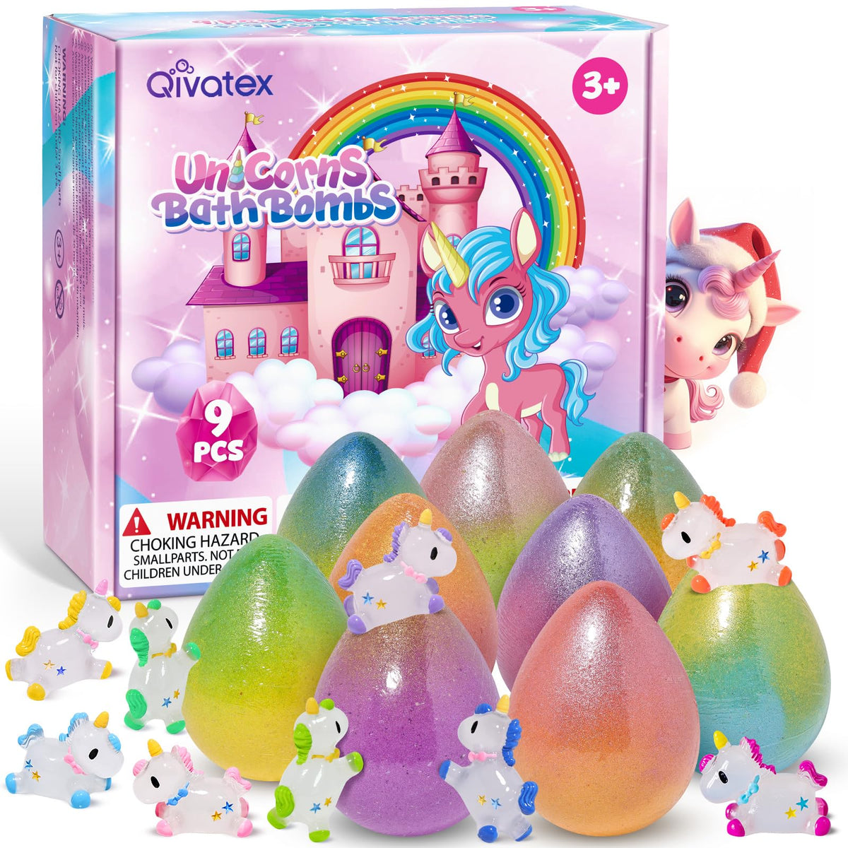 Qivatex Unicorn Bath Bombs in colourful packaging