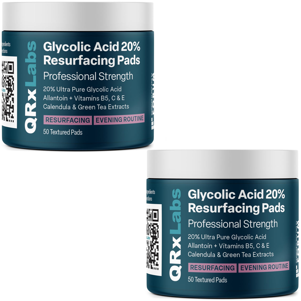 QRxLabs Glycolic Acid Pads jar front view with 50 pads