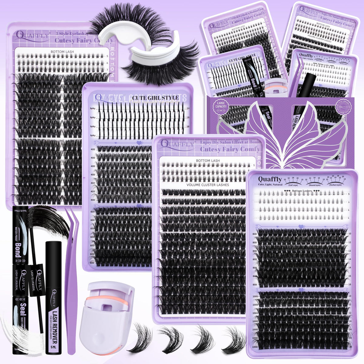 QUAFFLY 1274Pcs Lash Extension Kit front view with tools