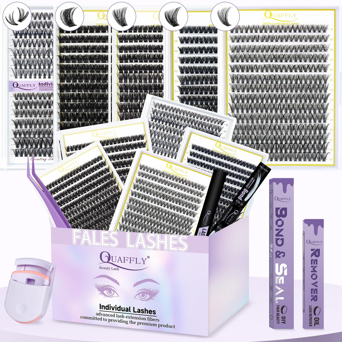 QUAFFLY 5-Pack False Eyelashes Kit with tools and glue