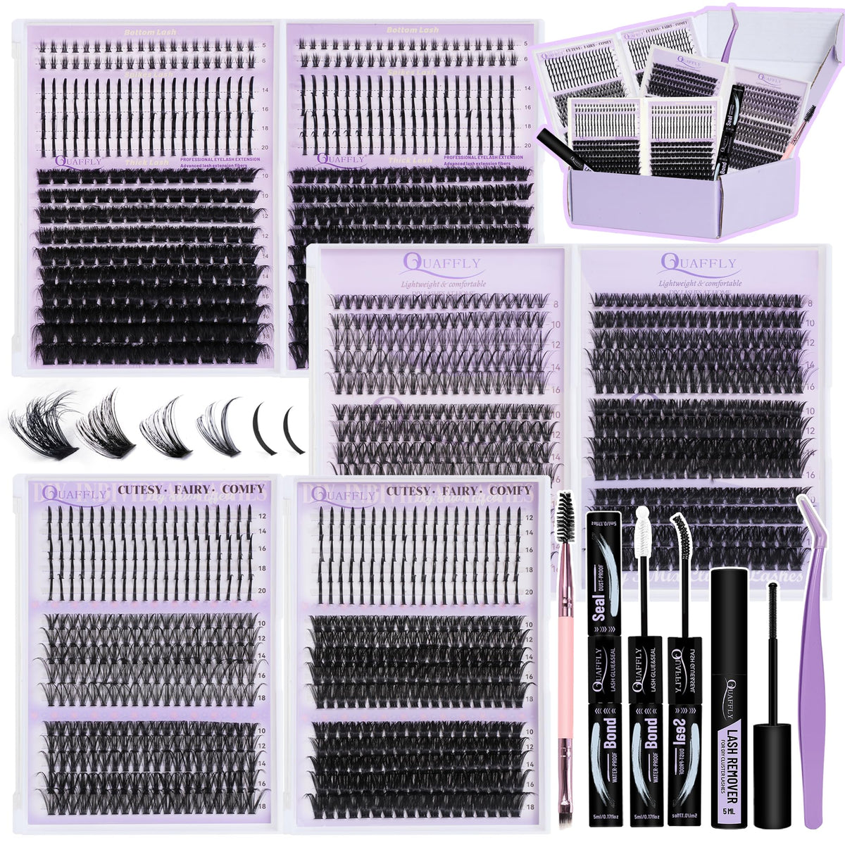 QUAFFLY DIY Lash Extension Kit 1676pcs front view with palettes