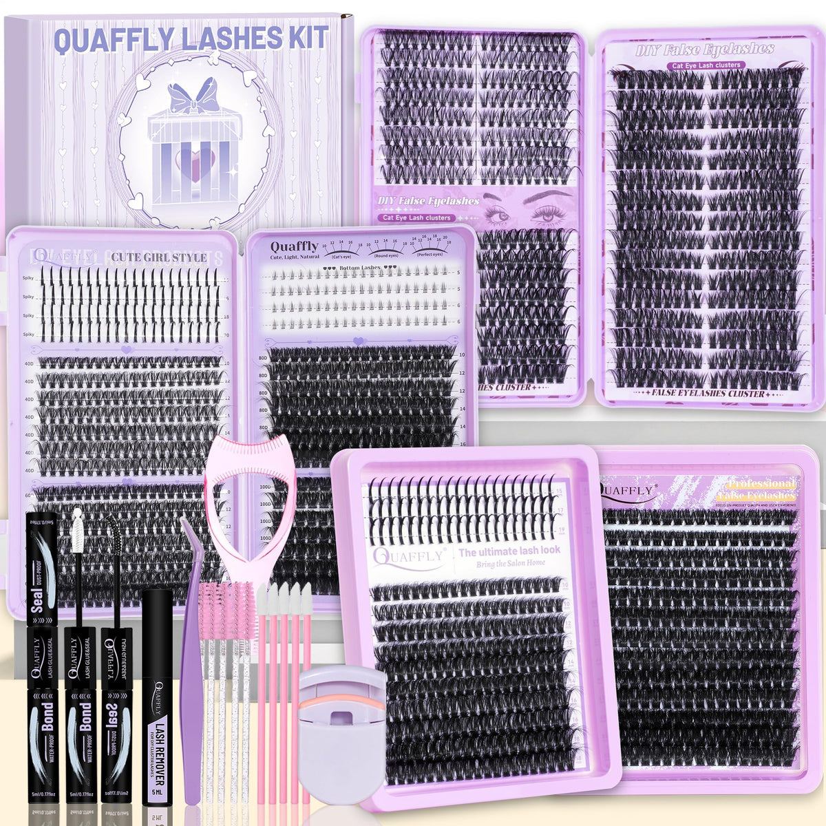 QUAFFLY Lash Clusters Kit 1790Pcs with four trays of lashes