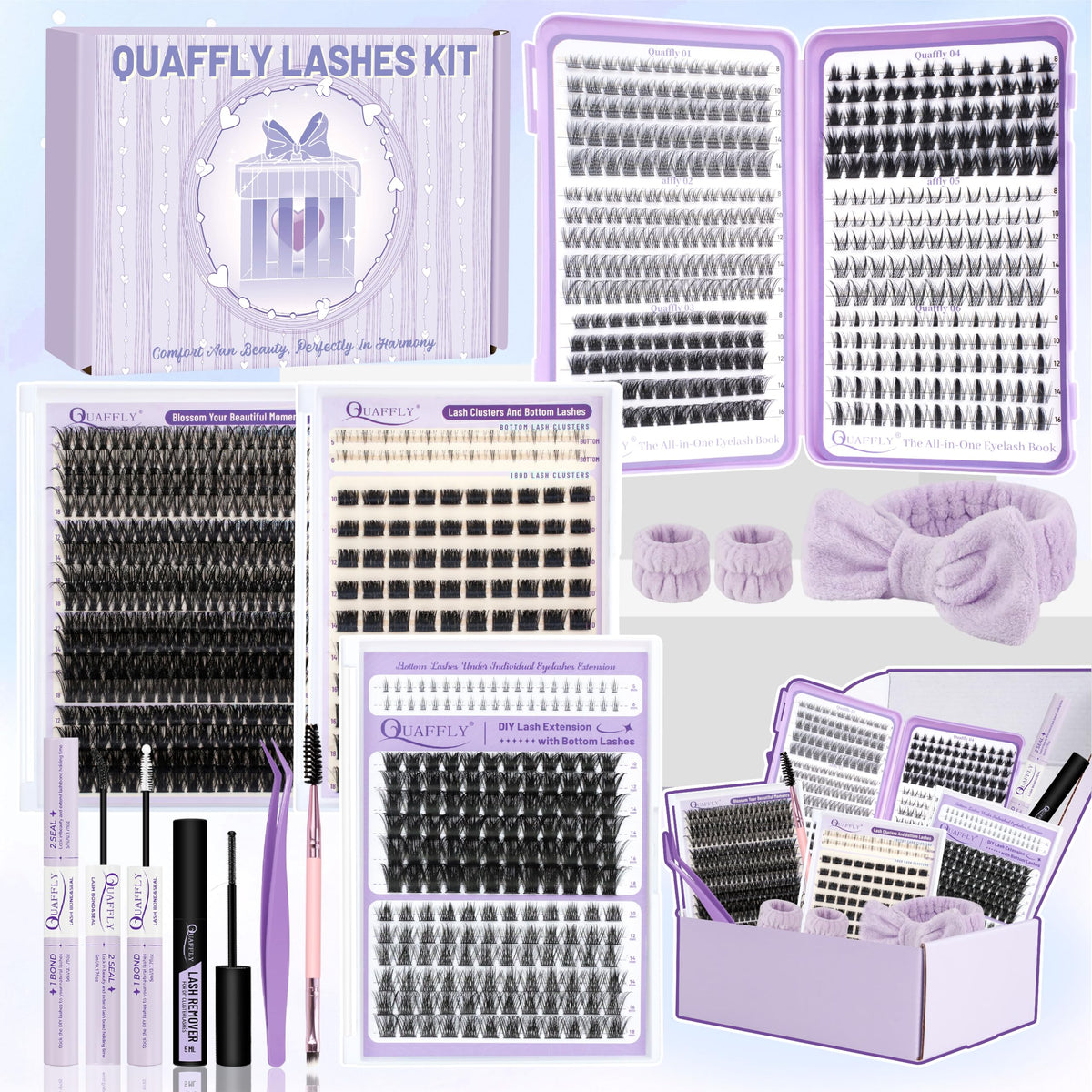QUAFFLY Lash Clusters Kit 949pcs front view with mixed-style lashes