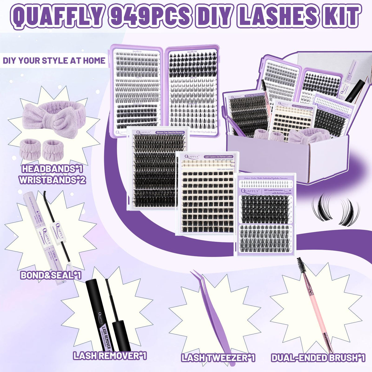 QUAFFLY Lash Clusters Kit showing included tools and accessories