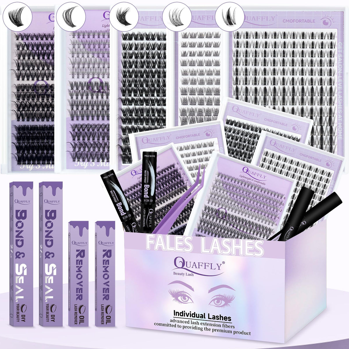 QUAFFLY Lash Clusters Kit with 5 styles and tools