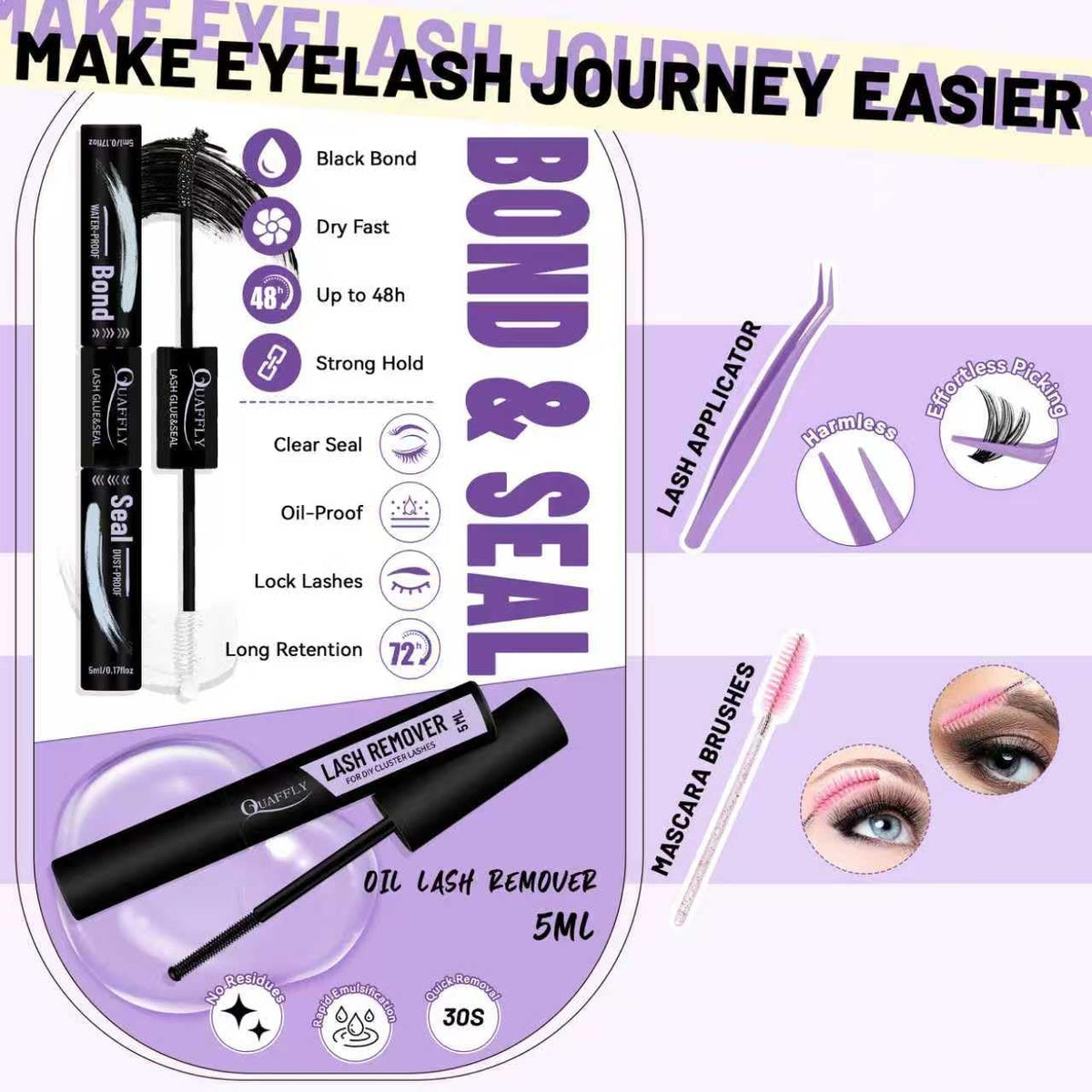 QUAFFLY Lash Clusters Kit with makeup remover and bond & seal
