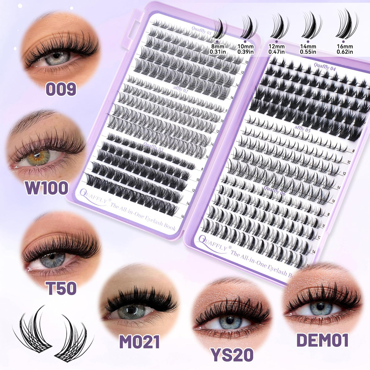 QUAFFLY Lash Clusters Kit with various lash styles displayed