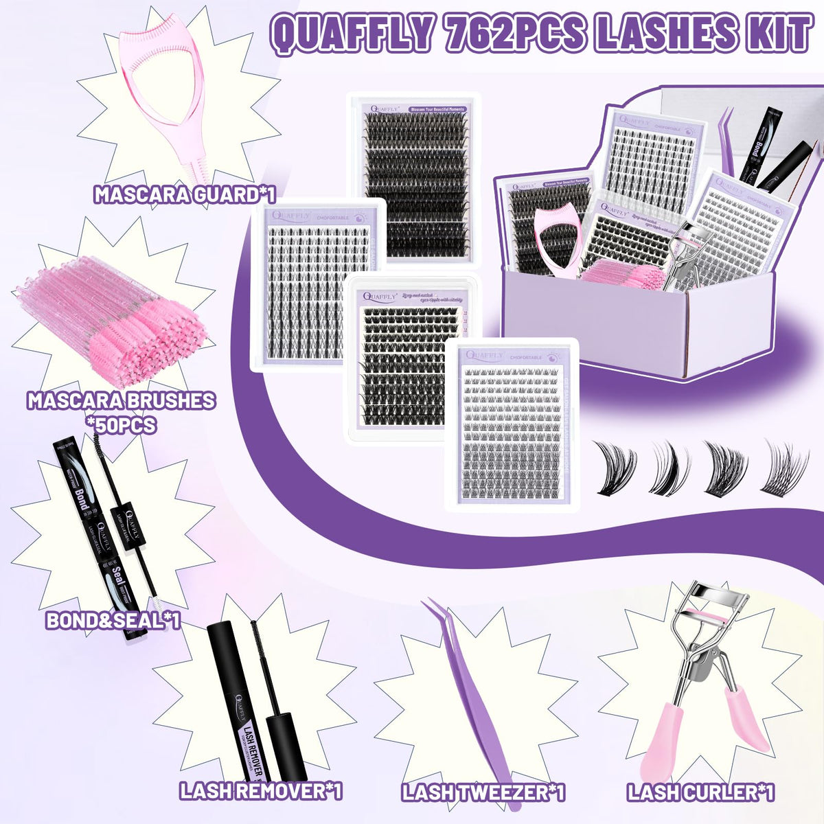 QUAFFLY lash curler and precision tweezers included in the kit