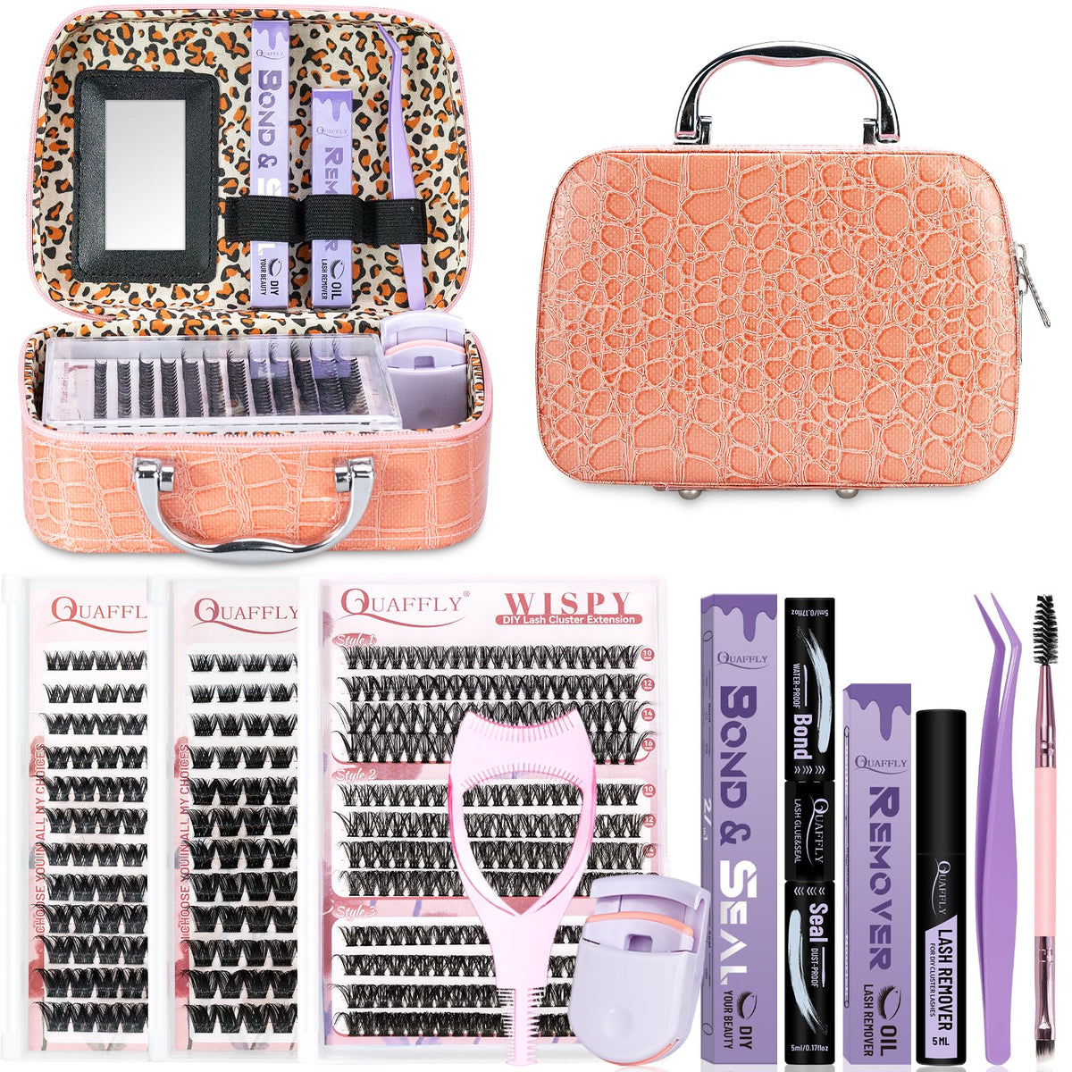 QUAFFLY Lash Extension Kit including individual cluster lashes and tools