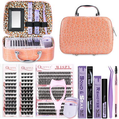 QUAFFLY Lash Extension Kit including individual cluster lashes and tools