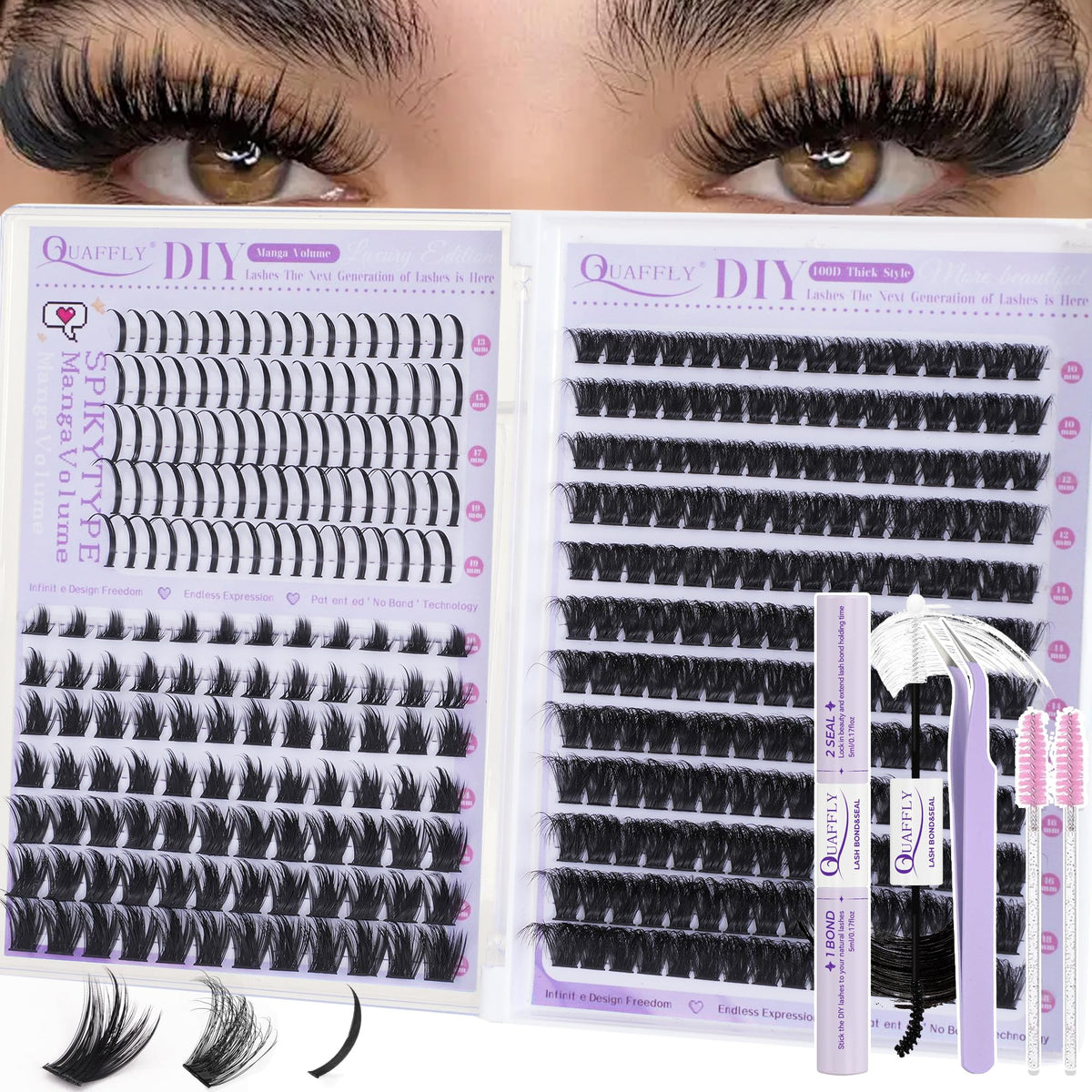 QUAFFLY Lashes Clusters Kit with 100D and Manga styles