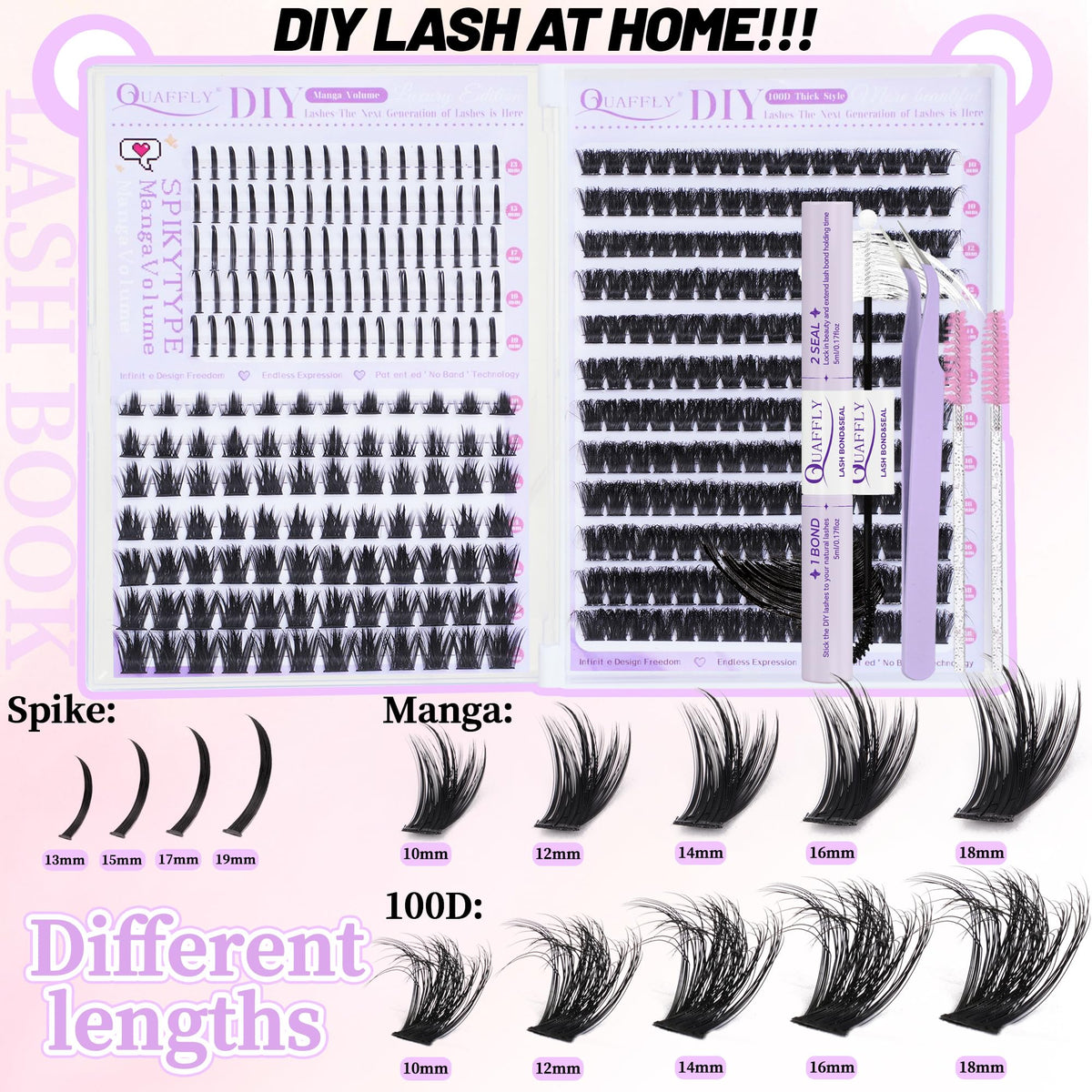 QUAFFLY thick cartoon lashes displayed in the kit