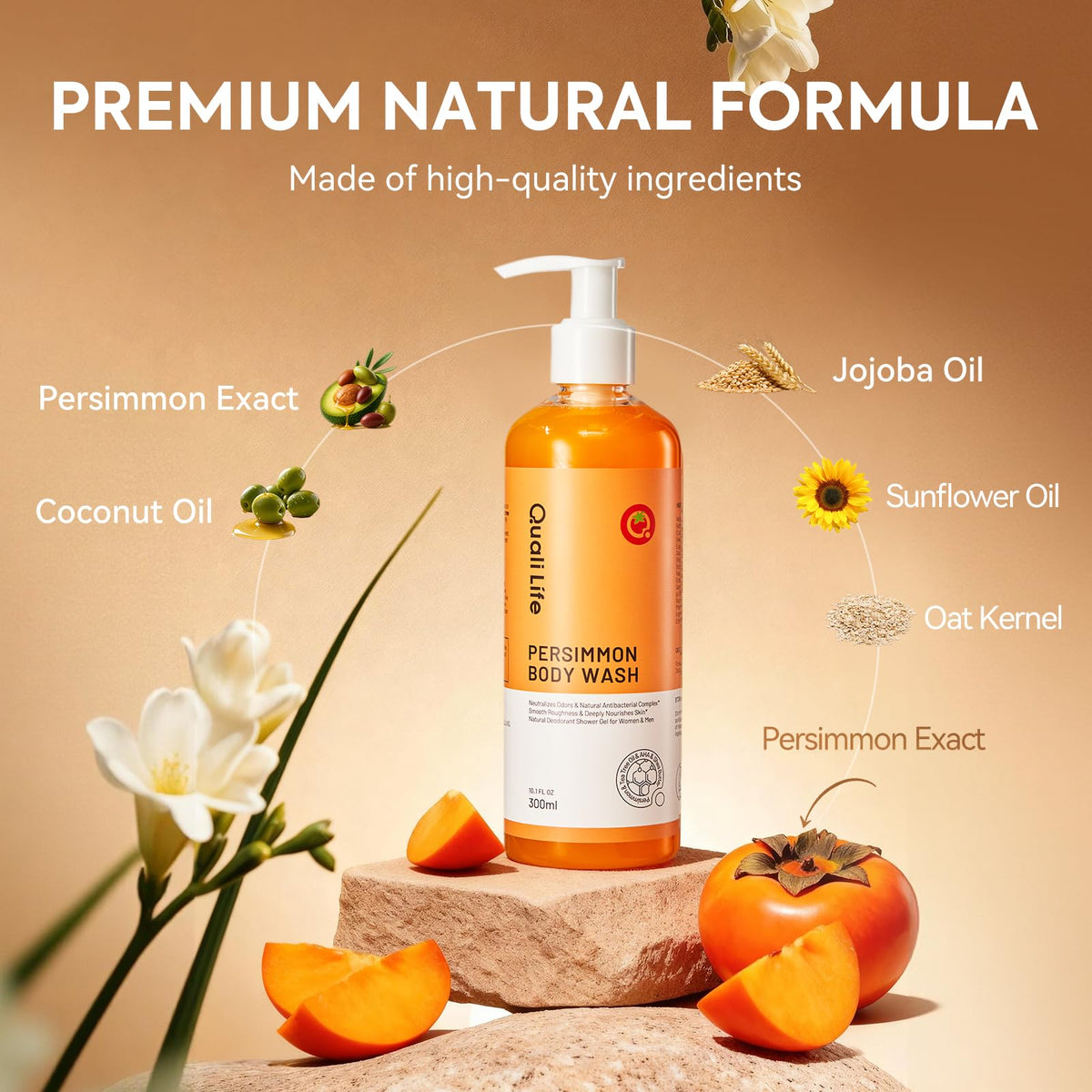 QualiLife Persimmon Body Wash in bathroom setting