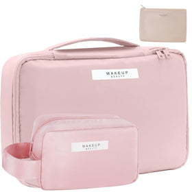 Queboom Travel Makeup Bag front view showing large capacity