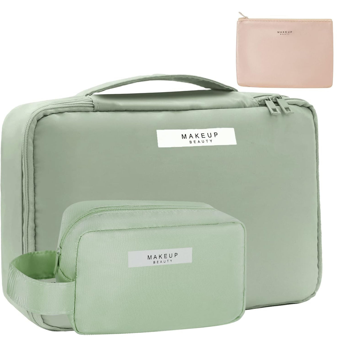 Queboom Travel Makeup Bag front view with three compartments