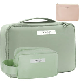 Queboom Travel Makeup Bag front view with three compartments