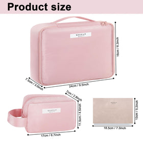 Queboom Travel Makeup Bag open with compartments and small bag