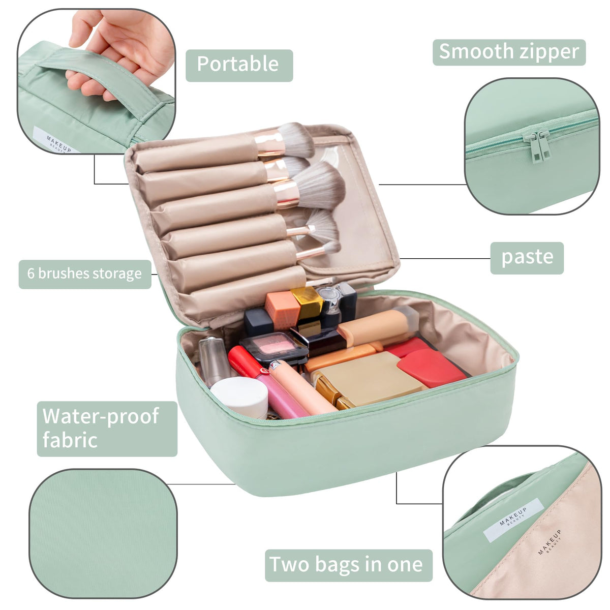 Queboom Travel Makeup Bag side view displaying zipper