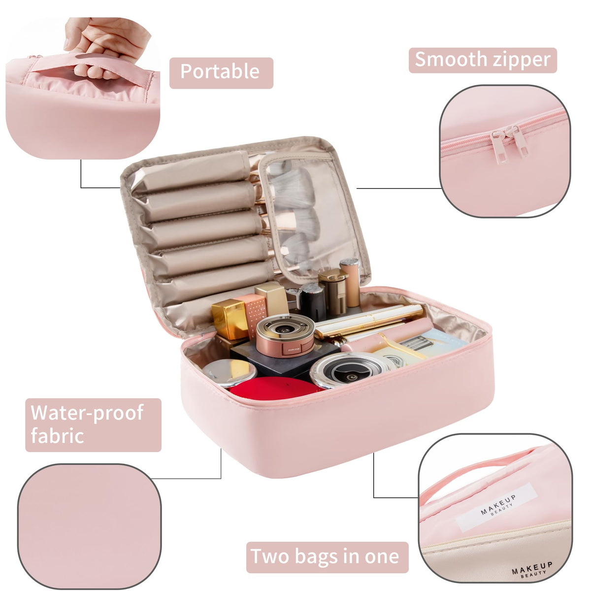 Queboom Travel Makeup Bag side view showcasing zipper design