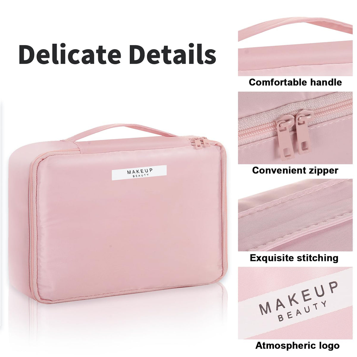 Queboom Travel Makeup Bag with various cosmetics inside